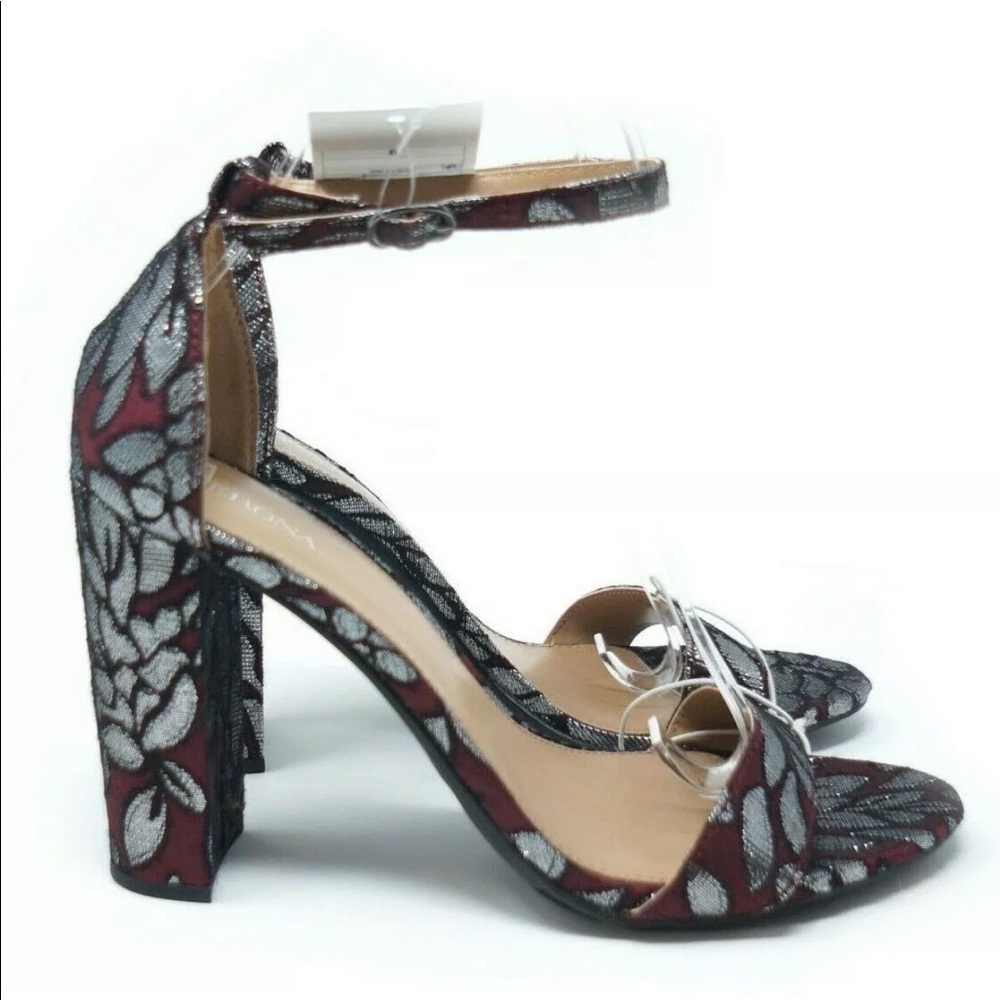 Brocade Block Heel Sandals Pumps Burgundy
